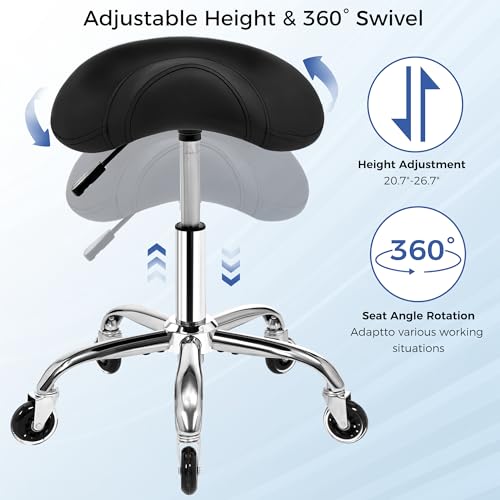 ANWBROAD Saddle Stool with Wheels, Thick Wide Saddle Seat Padding, Black