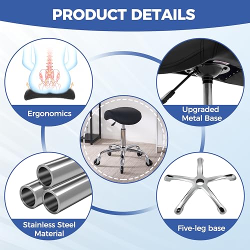 ANWBROAD Saddle Stool with Wheels, Thick Wide Saddle Seat Padding, Black