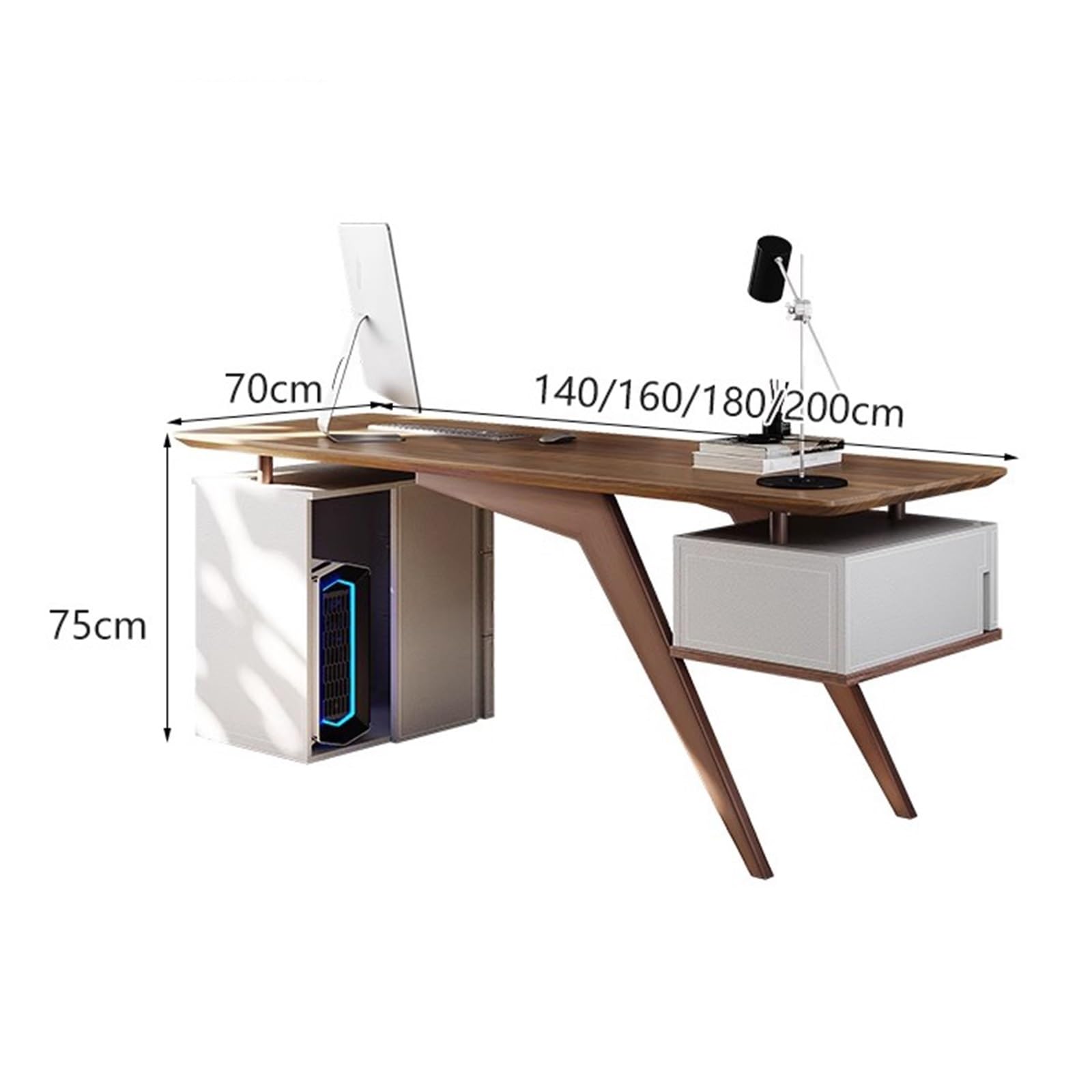 Computer Desk Modern Minimalist Laptop PC Desk with Drawers, Sturdy Home Office Workstation with Storage Cabinet, Walnut Brown Office Desk