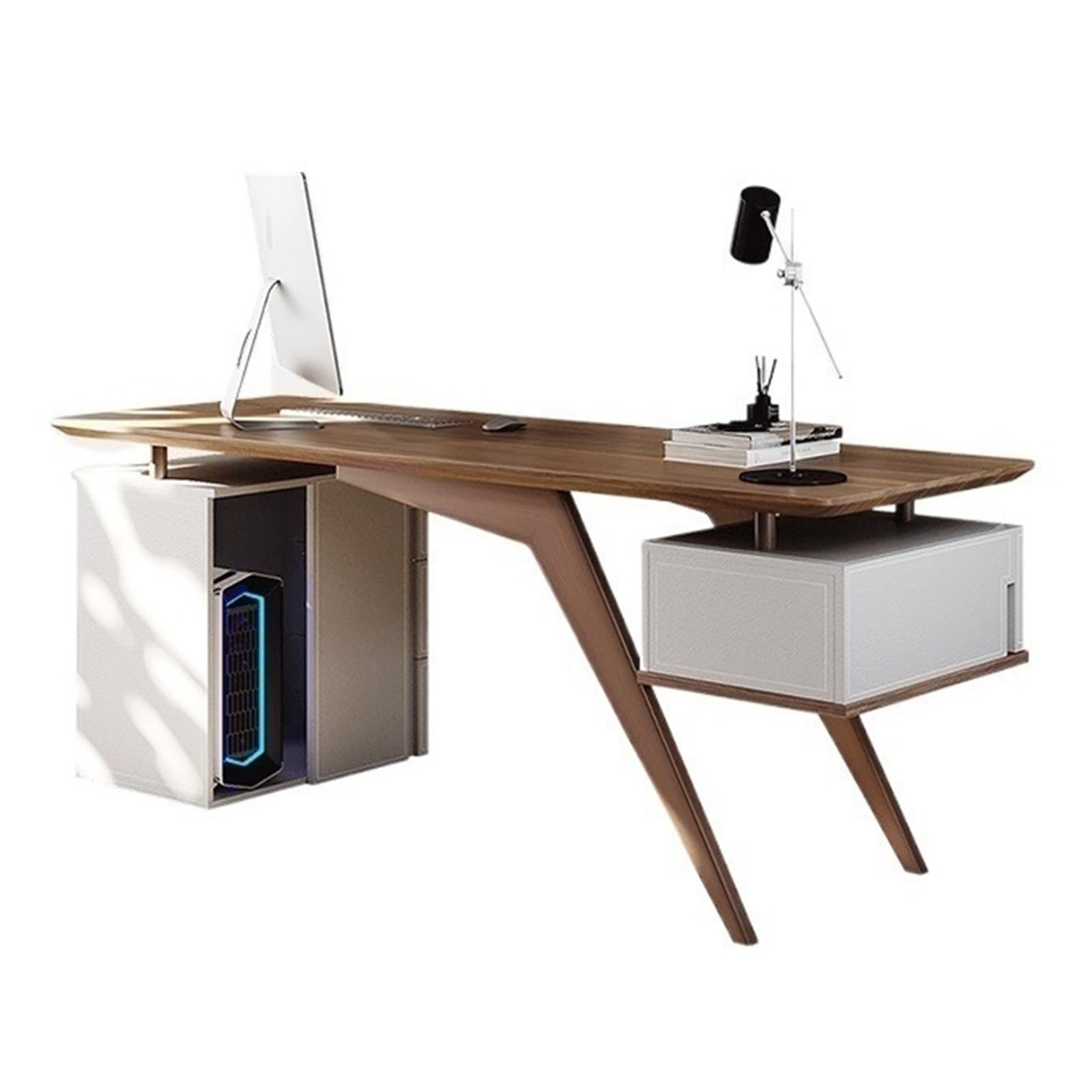 Computer Desk Modern Minimalist Laptop PC Desk with Drawers, Sturdy Home Office Workstation with Storage Cabinet, Walnut Brown Office Desk