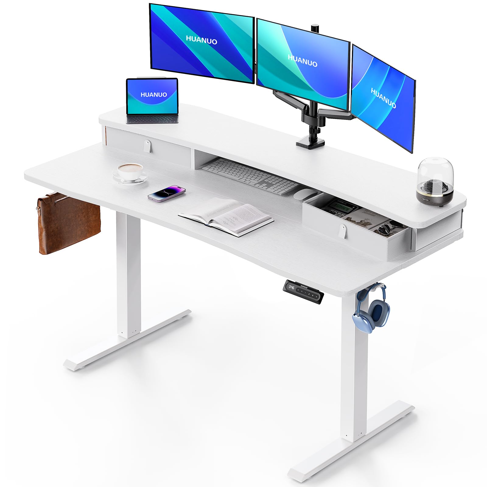 HUANUO Electric Standing Desk with 2 Drawers, C-Clamp Mount Compatible, Height Adjustable Computer Desk, Home Office Stand Up Desk with 4 Preset Heights & 2 Hooks