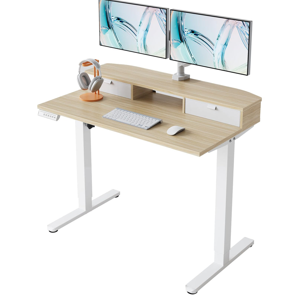 HUANUO Electric Standing Desk with 2 Drawers, C-Clamp Mount Compatible, Height Adjustable Computer Desk, Home Office Stand Up Desk with 4 Preset Heights & 2 Hooks