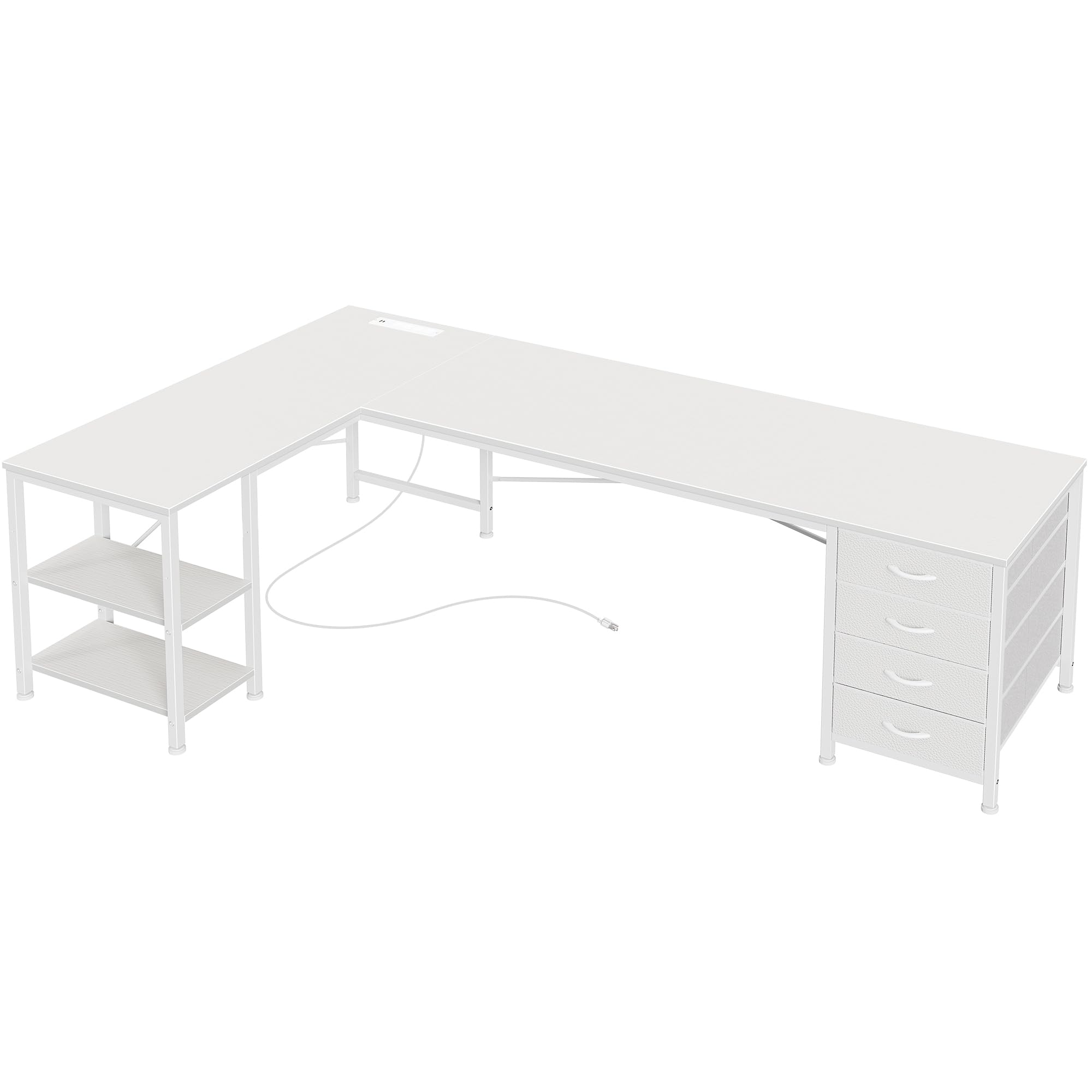 Huuger L Shaped Desk with Drawers, Reversible Computer Desk with Power Outlets and USB-C Port, Adjustable Side Storage Shelves