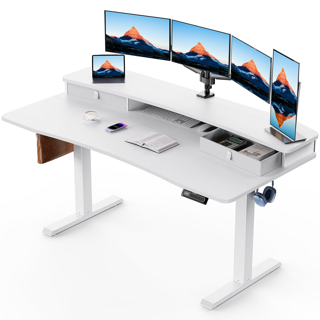 HUANUO Electric Standing Desk with 2 Drawers, C-Clamp Mount Compatible, Height Adjustable Computer Desk, Home Office Stand Up Desk with 4 Preset Heights & 2 Hooks