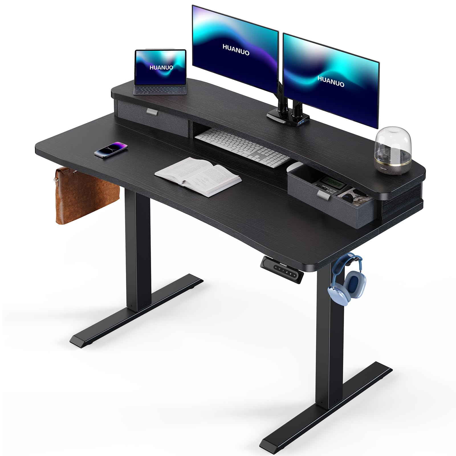 HUANUO Electric Standing Desk with 2 Drawers, C-Clamp Mount Compatible, Height Adjustable Computer Desk, Home Office Stand Up Desk with 4 Preset Heights & 2 Hooks