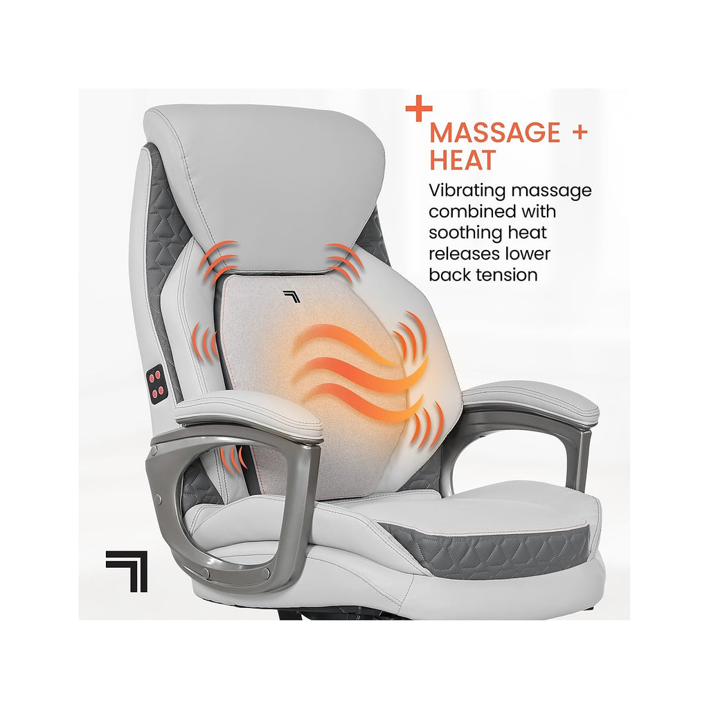 Sharper Image S600 Active Lumbar Ergonomic Bonded Leather Swivel Executive Massage Chair, White/Gray