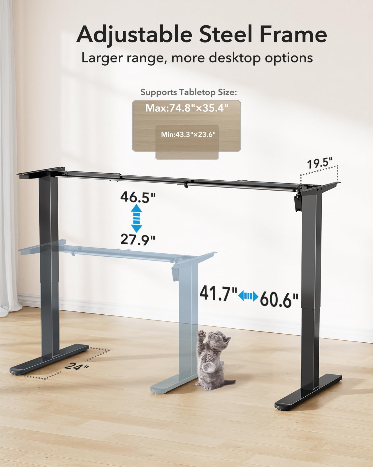 HUANUO Standing Desk Frame with 220lbs Powerful Brushless Motor, Thick T-Shaped Adjustable Desk Legs Made of Automotive-Grade Steel, for Max 75″ x 35″ Desktop, for Home Office, Frame Only