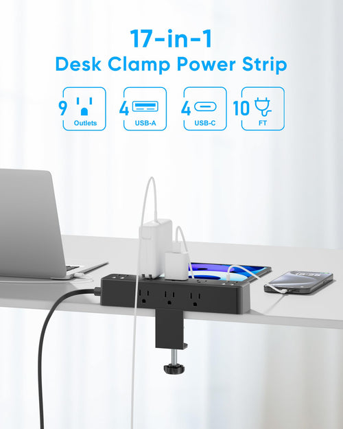 ACOZVIN Desk Clamp Power Strip 10/15FT, 40W/24W Total Charging Station