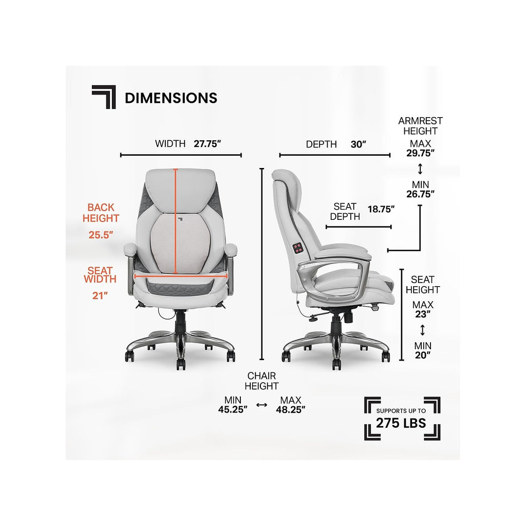 Sharper Image S600 Active Lumbar Ergonomic Bonded Leather Swivel Executive Massage Chair, White/Gray