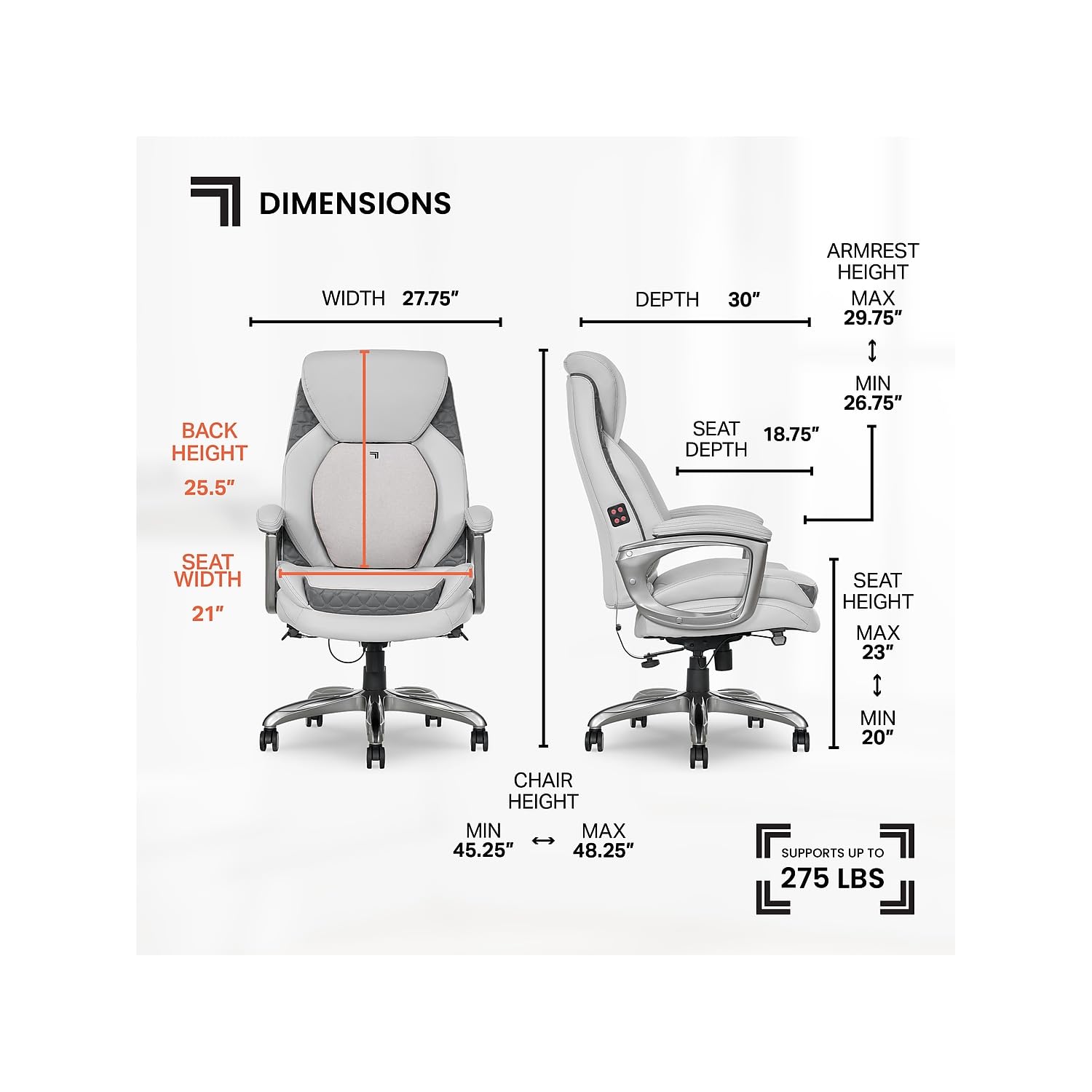 Sharper Image S600 Active Lumbar Ergonomic Bonded Leather Swivel Executive Massage Chair, White/Gray