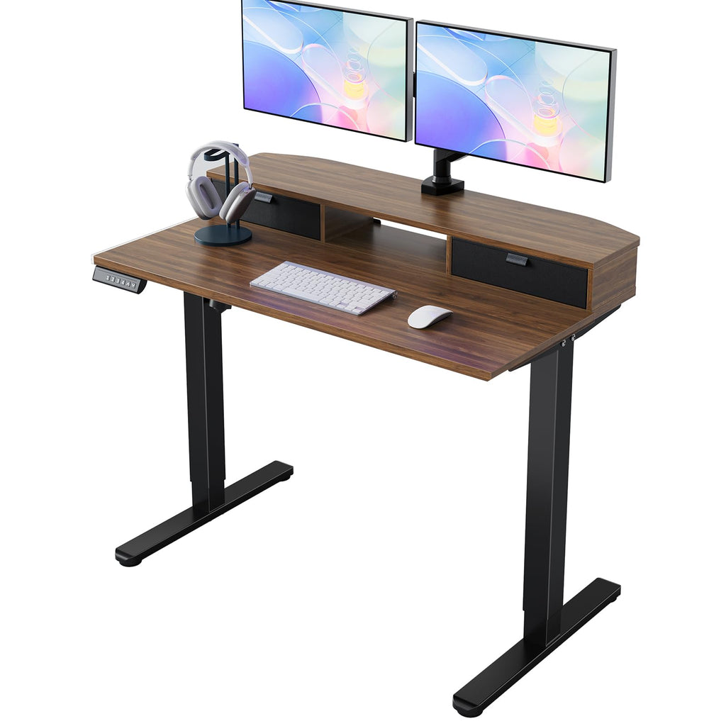 HUANUO Electric Standing Desk with 2 Drawers, C-Clamp Mount Compatible, Height Adjustable Computer Desk, Home Office Stand Up Desk with 4 Preset Heights & 2 Hooks