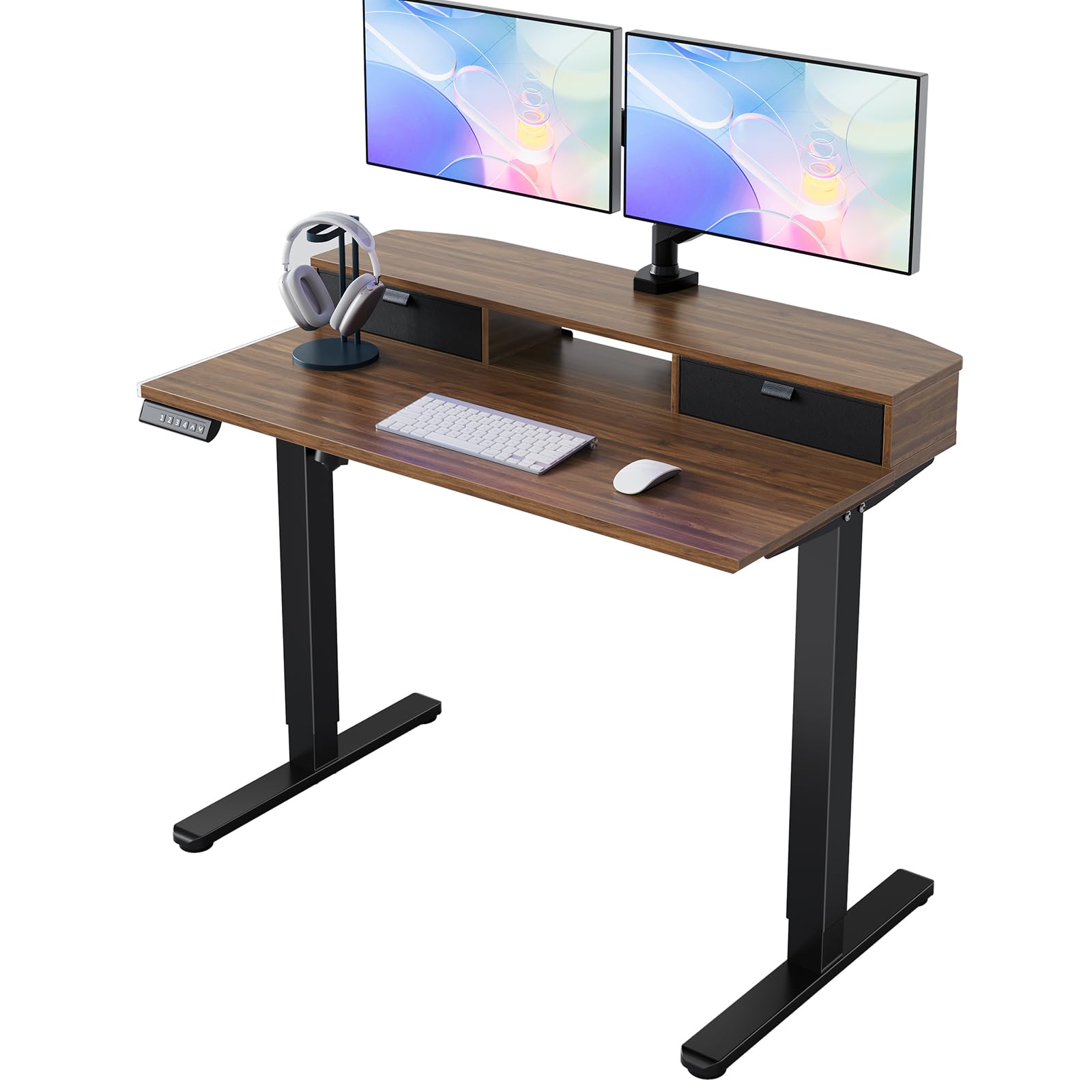 HUANUO Electric Standing Desk with 2 Drawers, C-Clamp Mount Compatible, Height Adjustable Computer Desk, Home Office Stand Up Desk with 4 Preset Heights & 2 Hooks