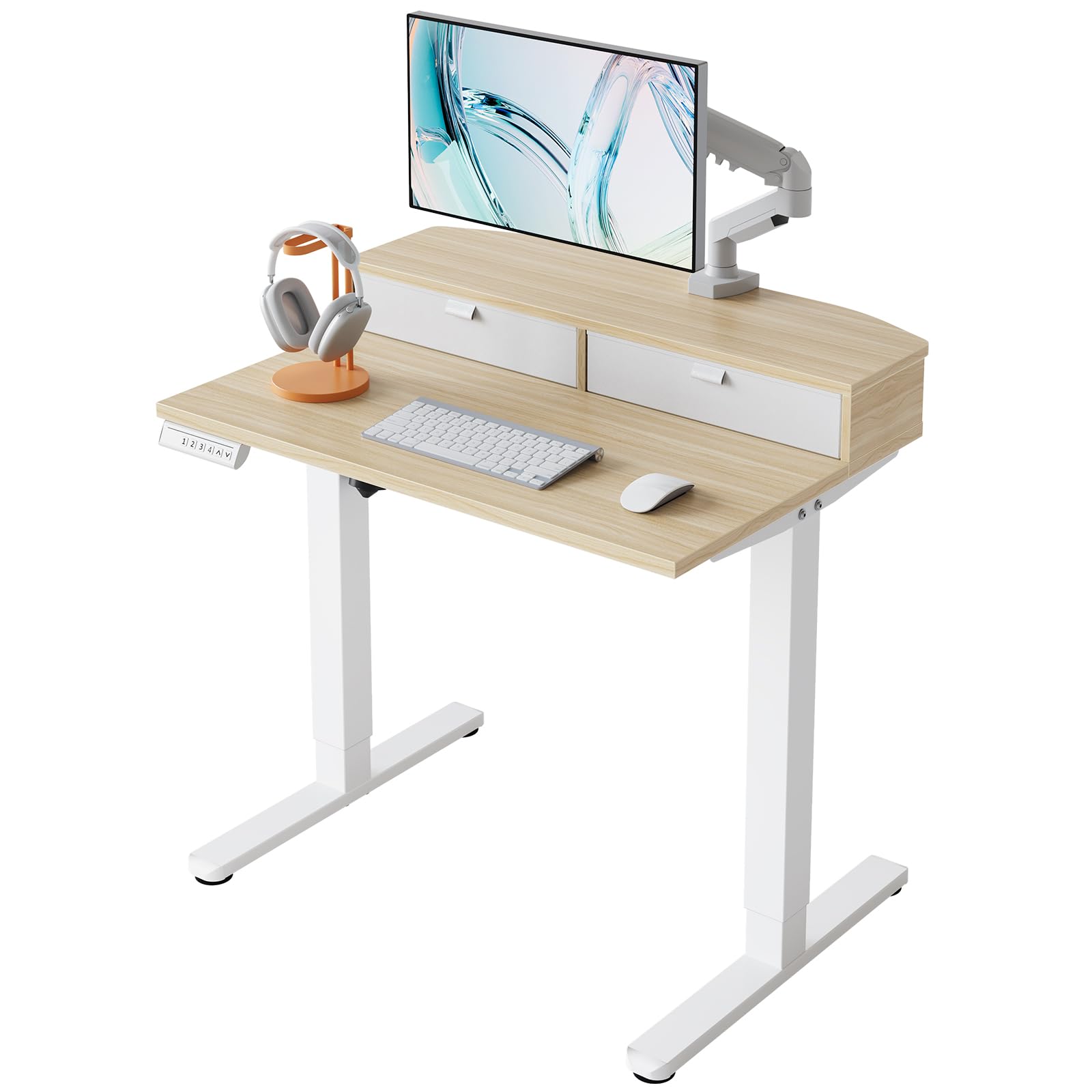 HUANUO Electric Standing Desk with 2 Drawers, C-Clamp Mount Compatible, Height Adjustable Computer Desk, Home Office Stand Up Desk with 4 Preset Heights & 2 Hooks