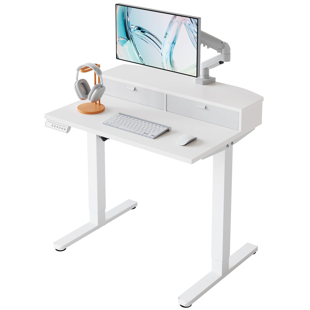HUANUO Electric Standing Desk with 2 Drawers, C-Clamp Mount Compatible, Height Adjustable Computer Desk, Home Office Stand Up Desk with 4 Preset Heights & 2 Hooks