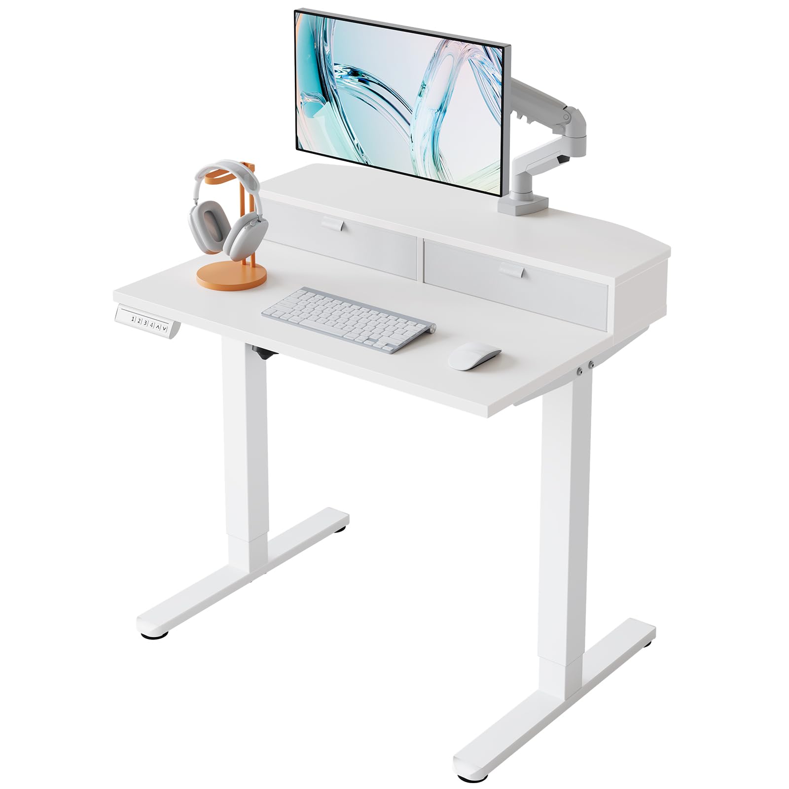 HUANUO Electric Standing Desk with 2 Drawers, C-Clamp Mount Compatible, Height Adjustable Computer Desk, Home Office Stand Up Desk with 4 Preset Heights & 2 Hooks