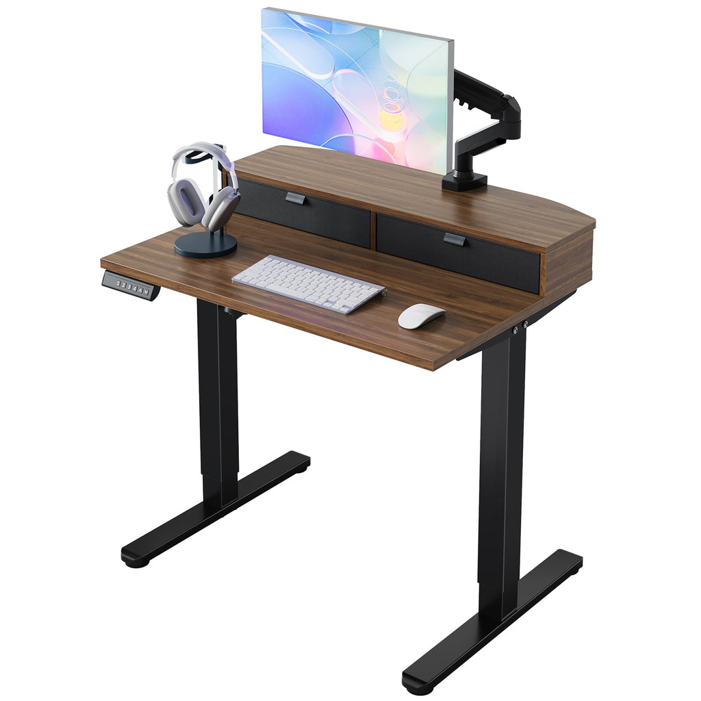 HUANUO Electric Standing Desk with 2 Drawers, C-Clamp Mount Compatible, Height Adjustable Computer Desk, Home Office Stand Up Desk with 4 Preset Heights & 2 Hooks