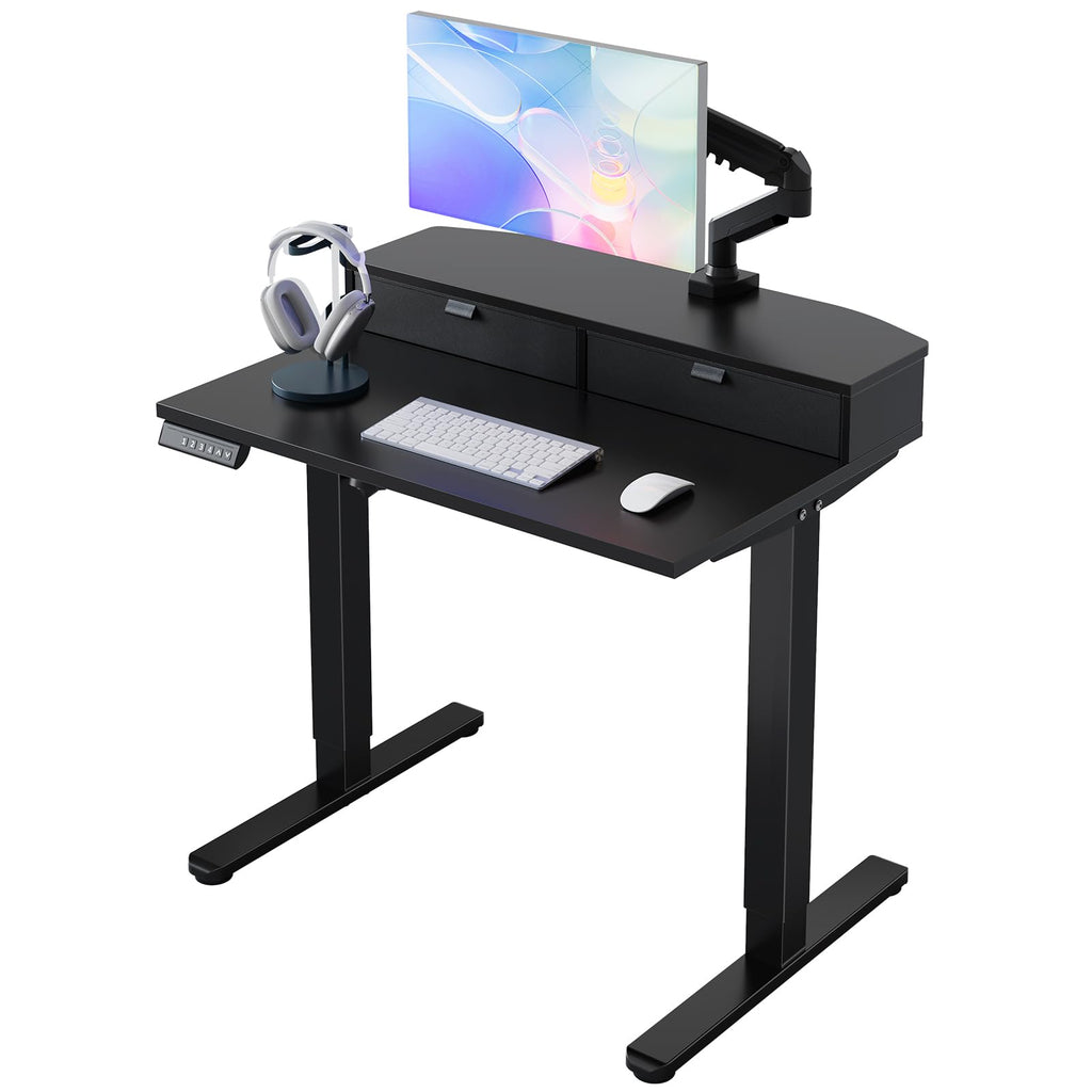HUANUO Electric Standing Desk with 2 Drawers, C-Clamp Mount Compatible, Height Adjustable Computer Desk, Home Office Stand Up Desk with 4 Preset Heights & 2 Hooks
