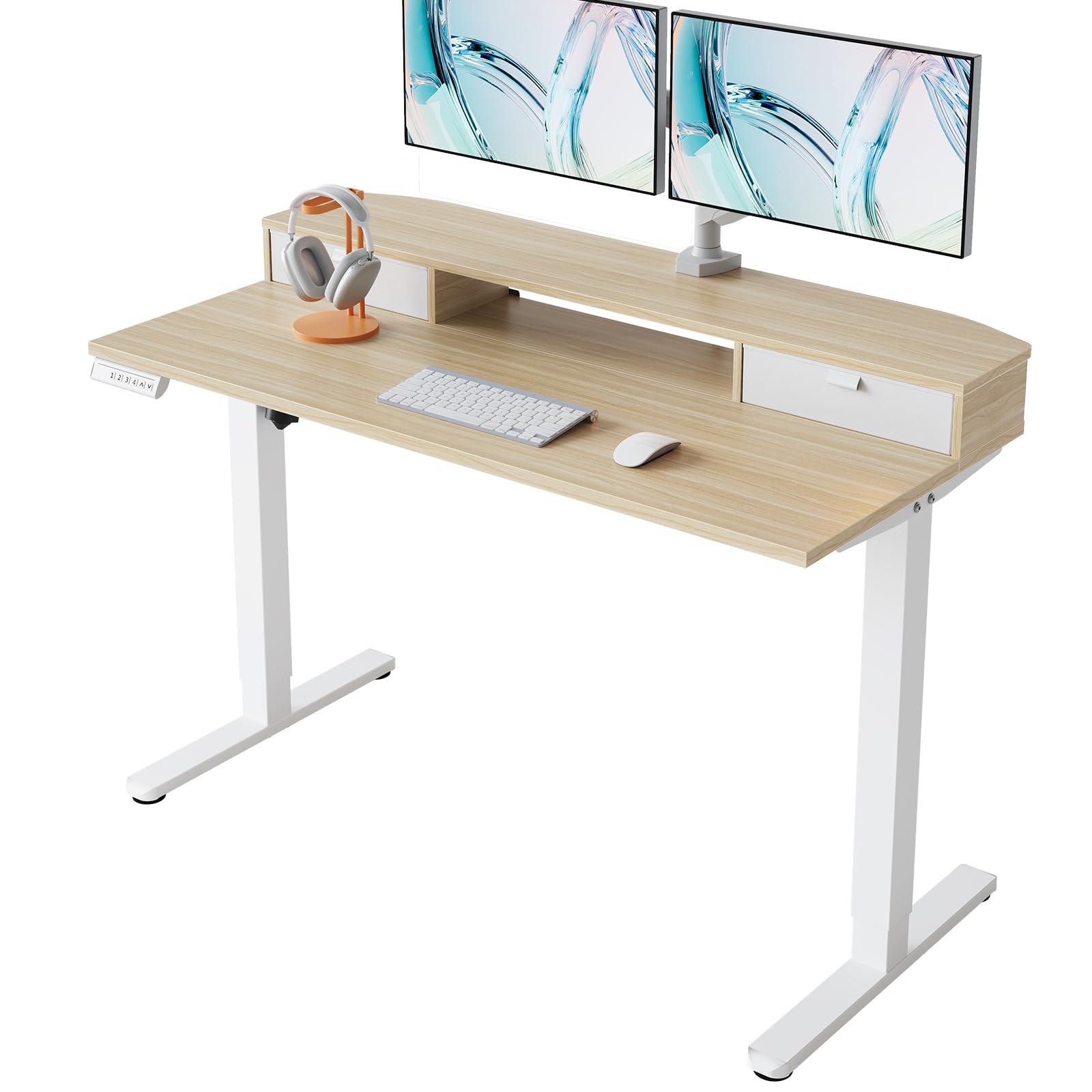 HUANUO Electric Standing Desk with 2 Drawers, C-Clamp Mount Compatible, Height Adjustable Computer Desk, Home Office Stand Up Desk with 4 Preset Heights & 2 Hooks