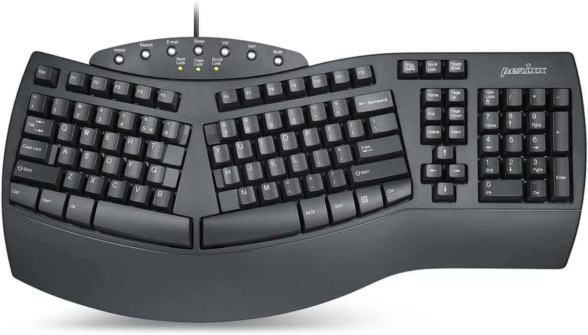 Perixx PERIBOARD Wired Ergonomic Keyboard - Split Keyboard, Wrist Rest, Natural Typing - Wired USB Connectivity - US English