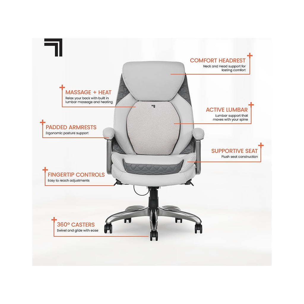 Sharper Image S600 Active Lumbar Ergonomic Bonded Leather Swivel Executive Massage Chair, White/Gray