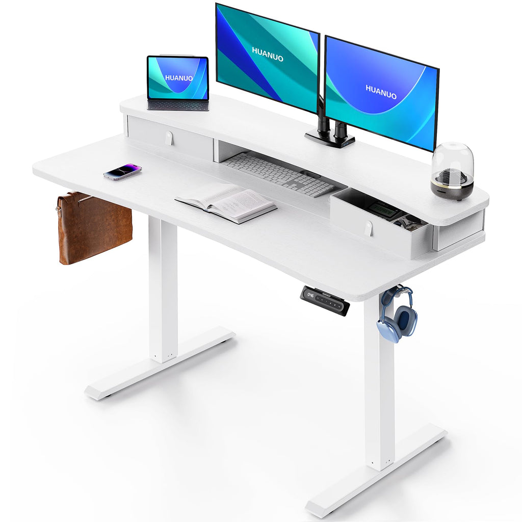 HUANUO Electric Standing Desk with 2 Drawers, C-Clamp Mount Compatible, Height Adjustable Computer Desk, Home Office Stand Up Desk with 4 Preset Heights & 2 Hooks