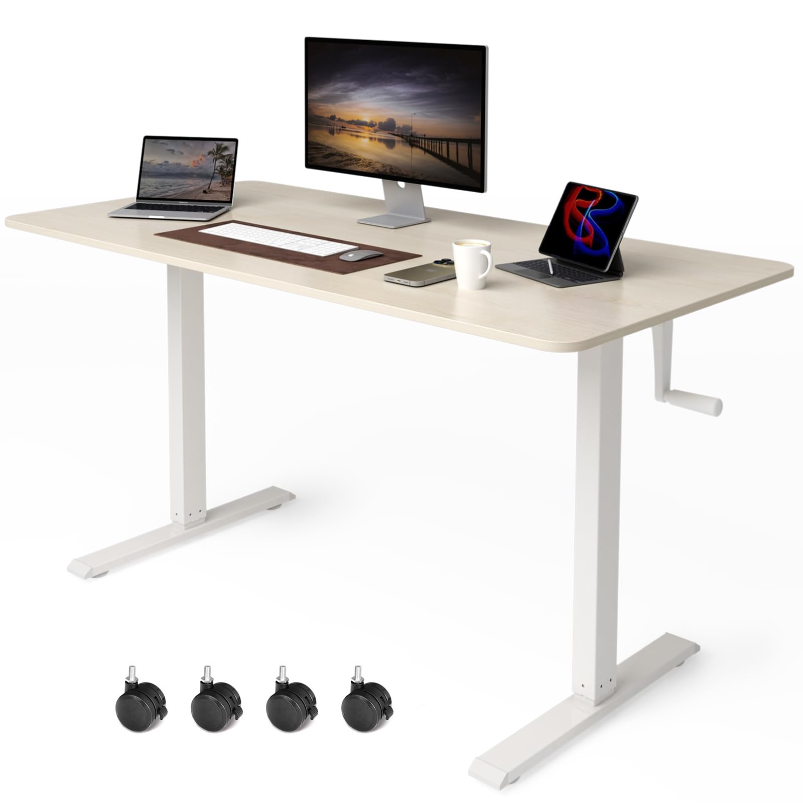 Whole Piece Manual Standing Desk Adjustable Height with Lockable Casters- Hand Crank Stand up Desk with Wheels, Mobile Sit to Stand Workstation with Handle