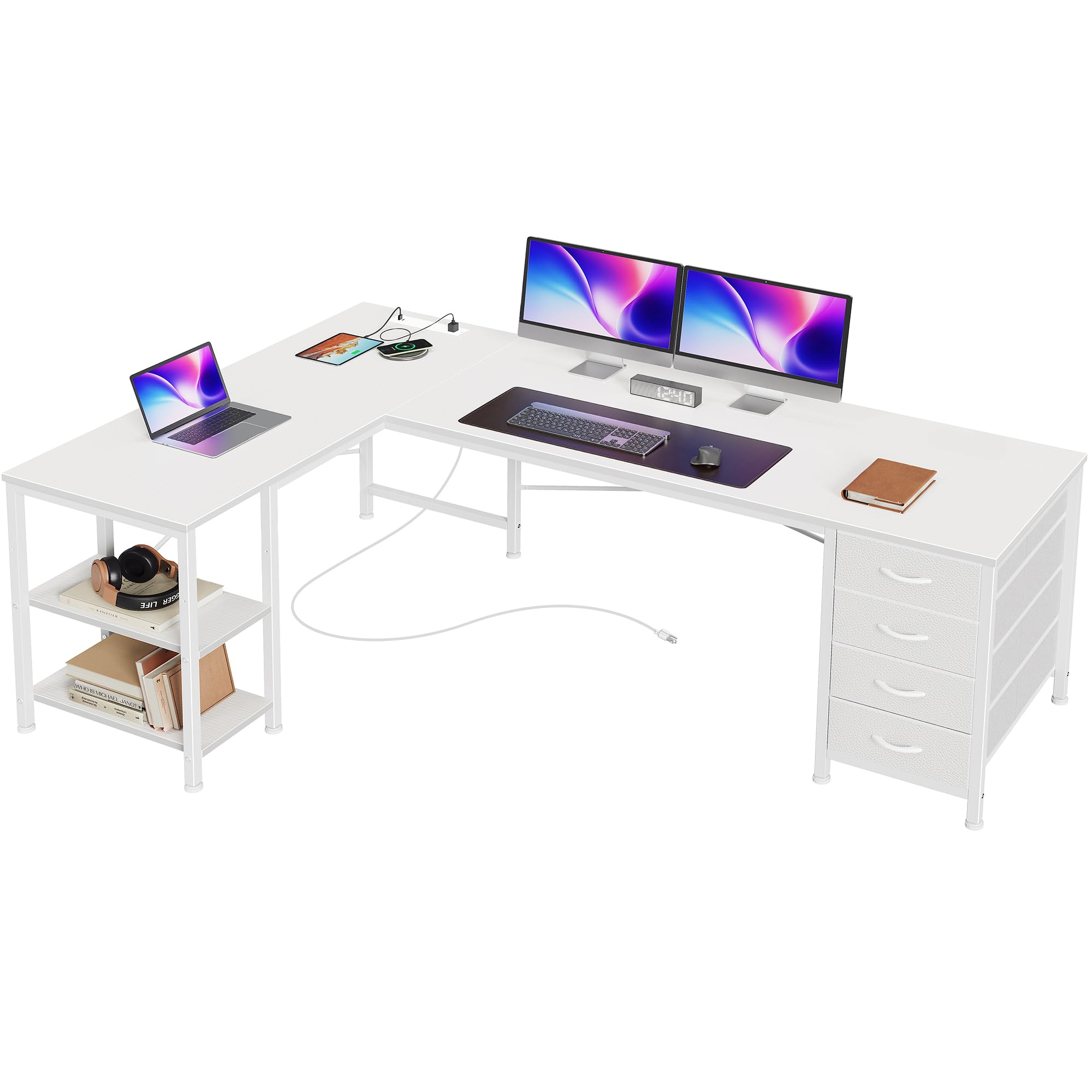 Huuger L Shaped Desk with Drawers, Reversible Computer Desk with Power Outlets and USB-C Port, Adjustable Side Storage Shelves