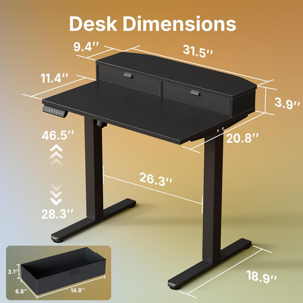 HUANUO Electric Standing Desk with 2 Drawers, C-Clamp Mount Compatible, Height Adjustable Computer Desk, Home Office Stand Up Desk with 4 Preset Heights & 2 Hooks