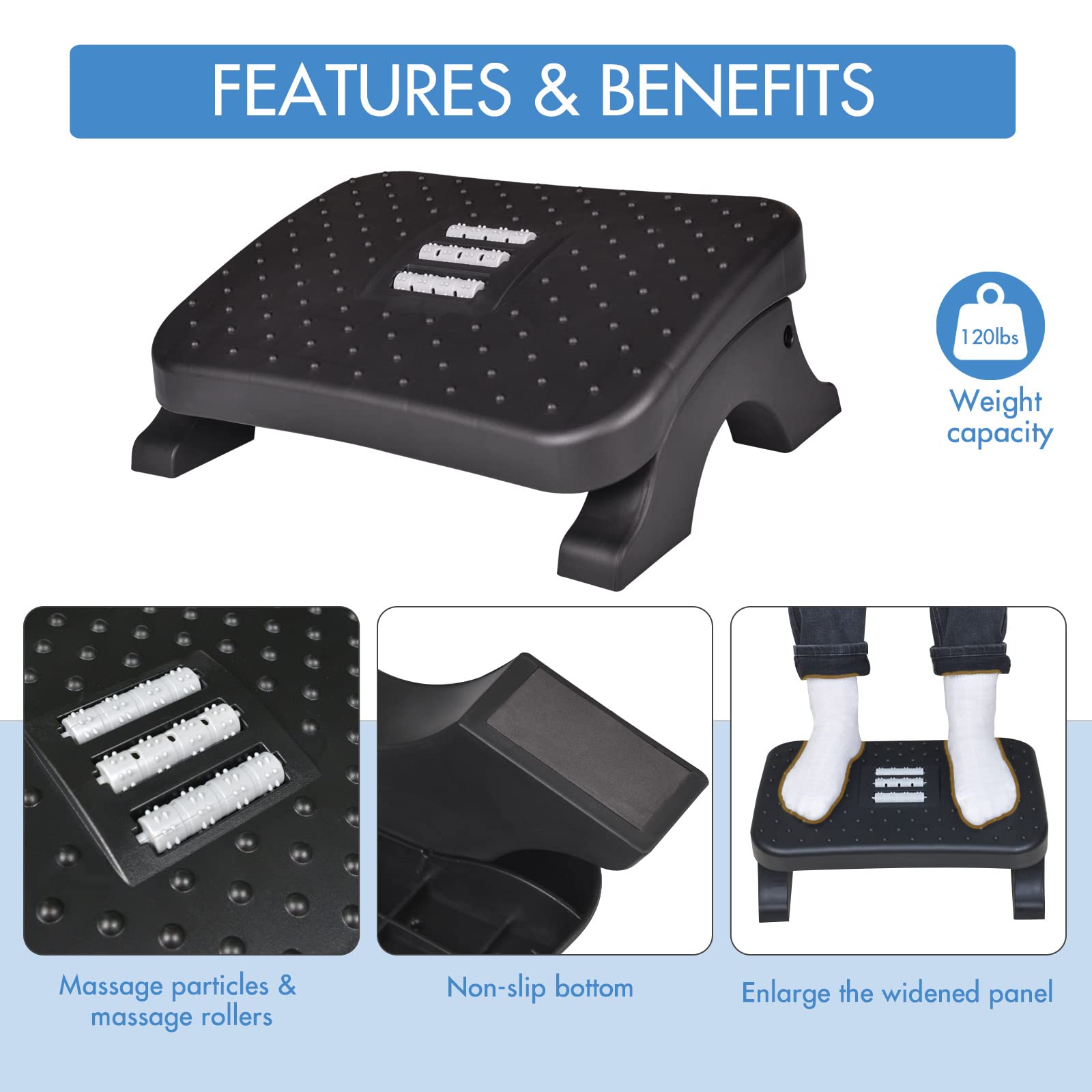 Under Desk Footrest,Ergonomic Footrest with Massage Rollers for Home Office