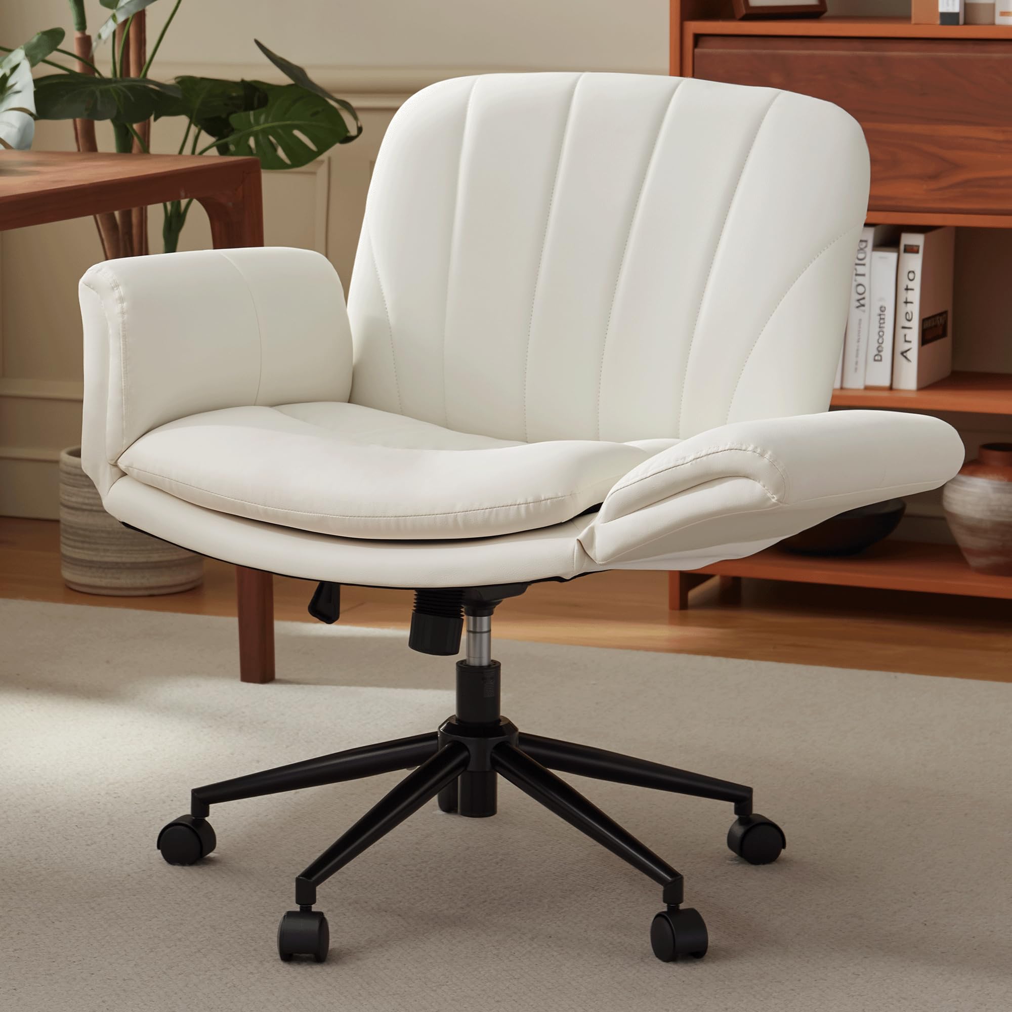 Dowinx Criss Cross Chair with Five-Level Adjustable Arms and Wheels - Comfortable Ergonomic PU Leather Swivel Vanity Chair
