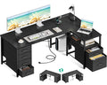 Coleshome L Shaped Computer Desk with 6 Drawers & Power Outlet, Corner Desk with Reversible Storage Shelf & File Drawer, Home Office Desk