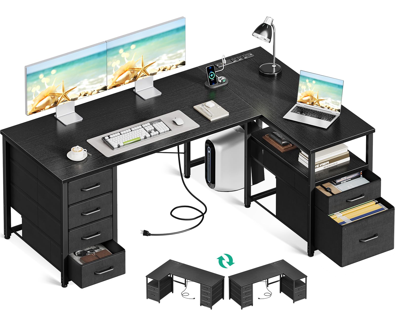 Coleshome L Shaped Computer Desk with 6 Drawers & Power Outlet, Corner Desk with Reversible Storage Shelf & File Drawer, Home Office Desk