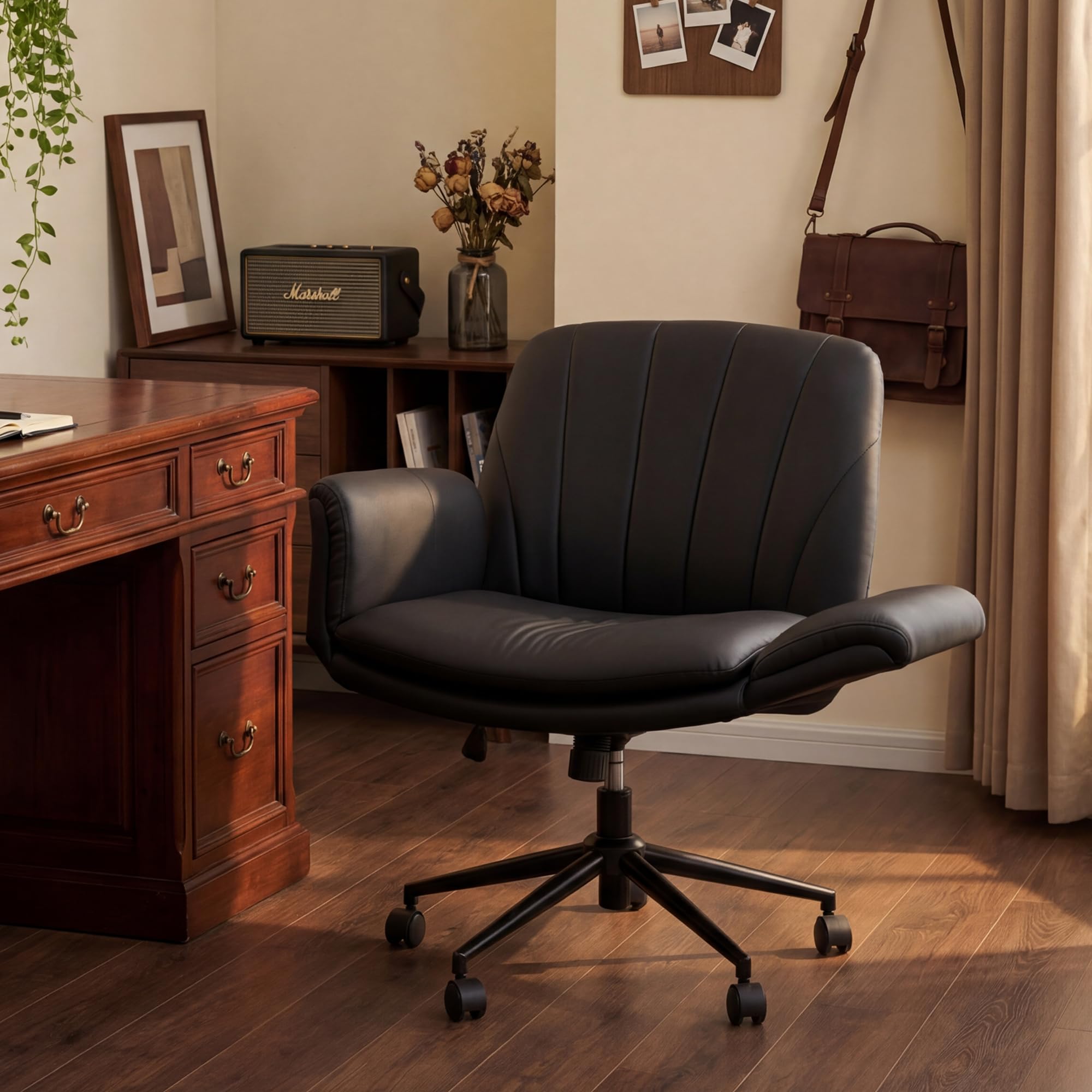 Dowinx Criss Cross Chair with Five-Level Adjustable Arms and Wheels - Comfortable Ergonomic PU Leather Swivel Vanity Chair