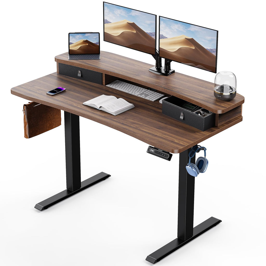 HUANUO Electric Standing Desk with 2 Drawers, C-Clamp Mount Compatible, Height Adjustable Computer Desk, Home Office Stand Up Desk with 4 Preset Heights & 2 Hooks