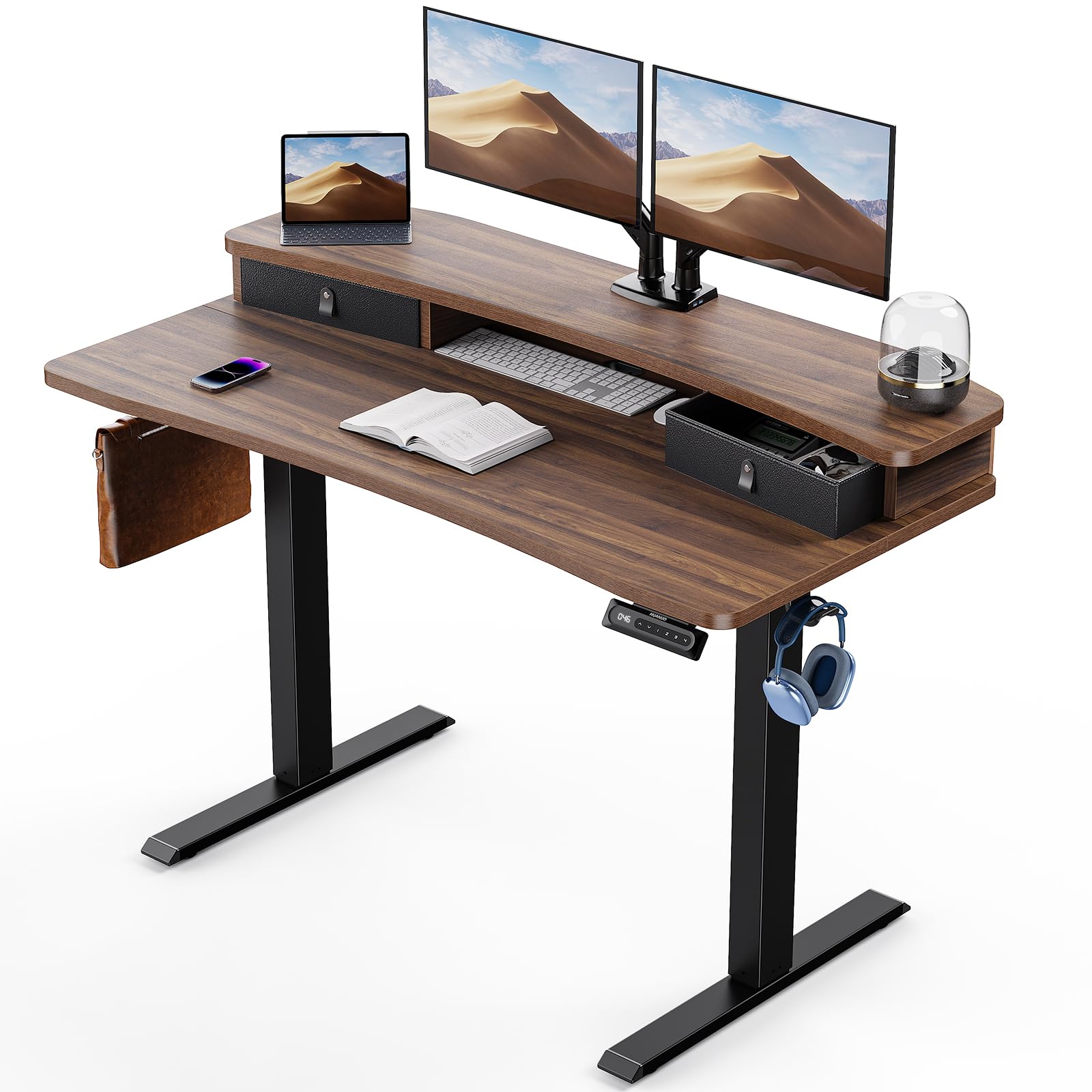 HUANUO Electric Standing Desk with 2 Drawers, C-Clamp Mount Compatible, Height Adjustable Computer Desk, Home Office Stand Up Desk with 4 Preset Heights & 2 Hooks