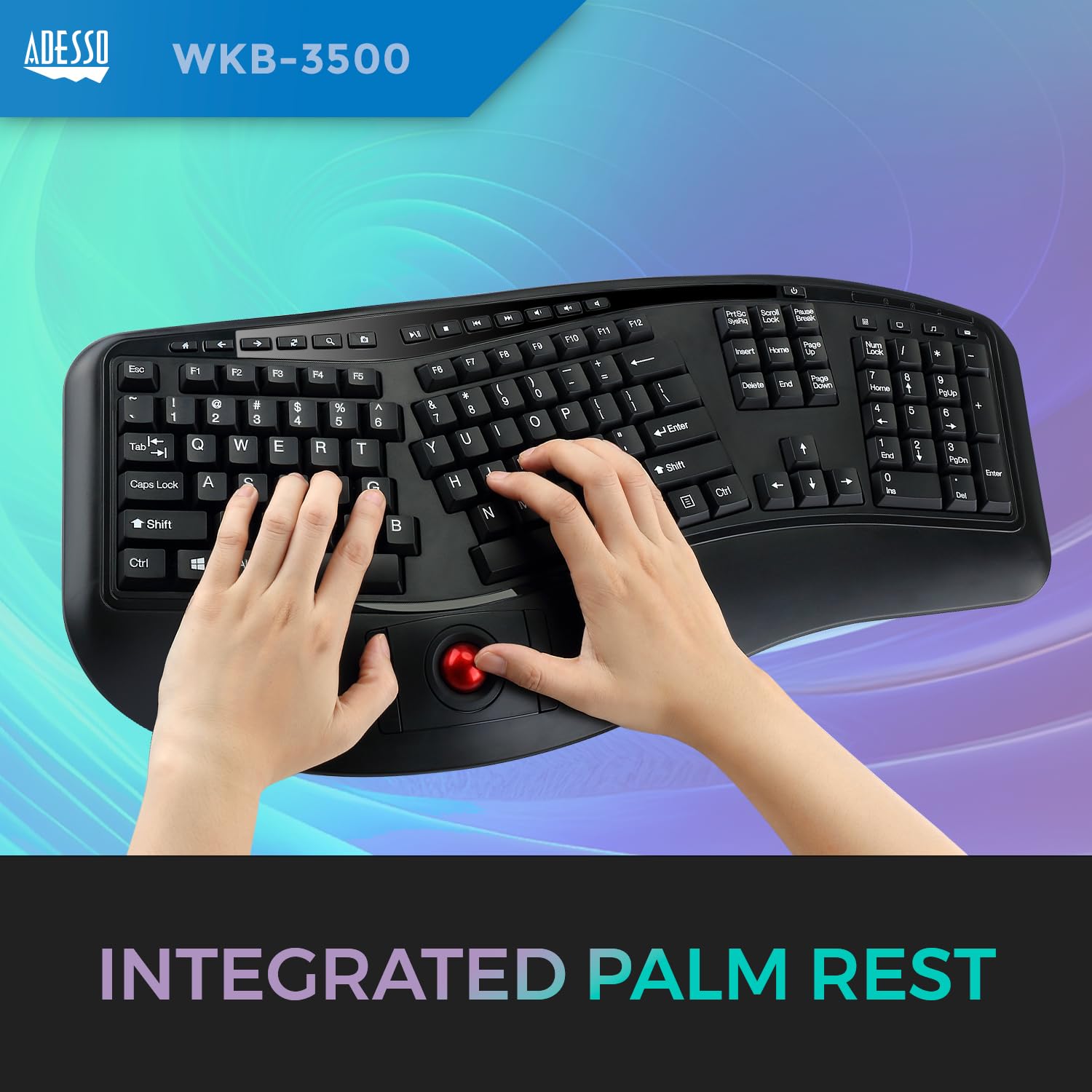Adesso 2 in 1 Wireless Ergonomic Keyboard, WKB-3500UB, Black