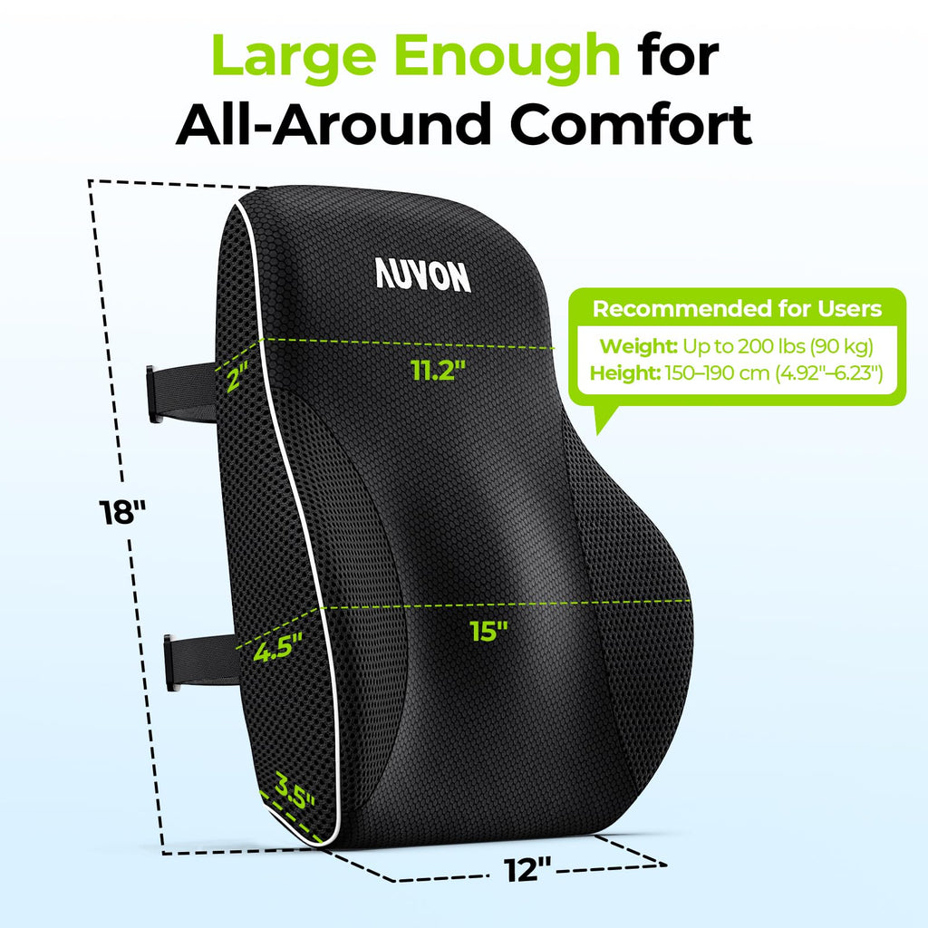 AUVON Lumbar Support Pillow for Office Chair with Patented Bulge for Lower Back Support, Ergonomic Office Home Essentials Improve Posture, Memory Foam Chair Cushion with Straps for Home, Office, Car
