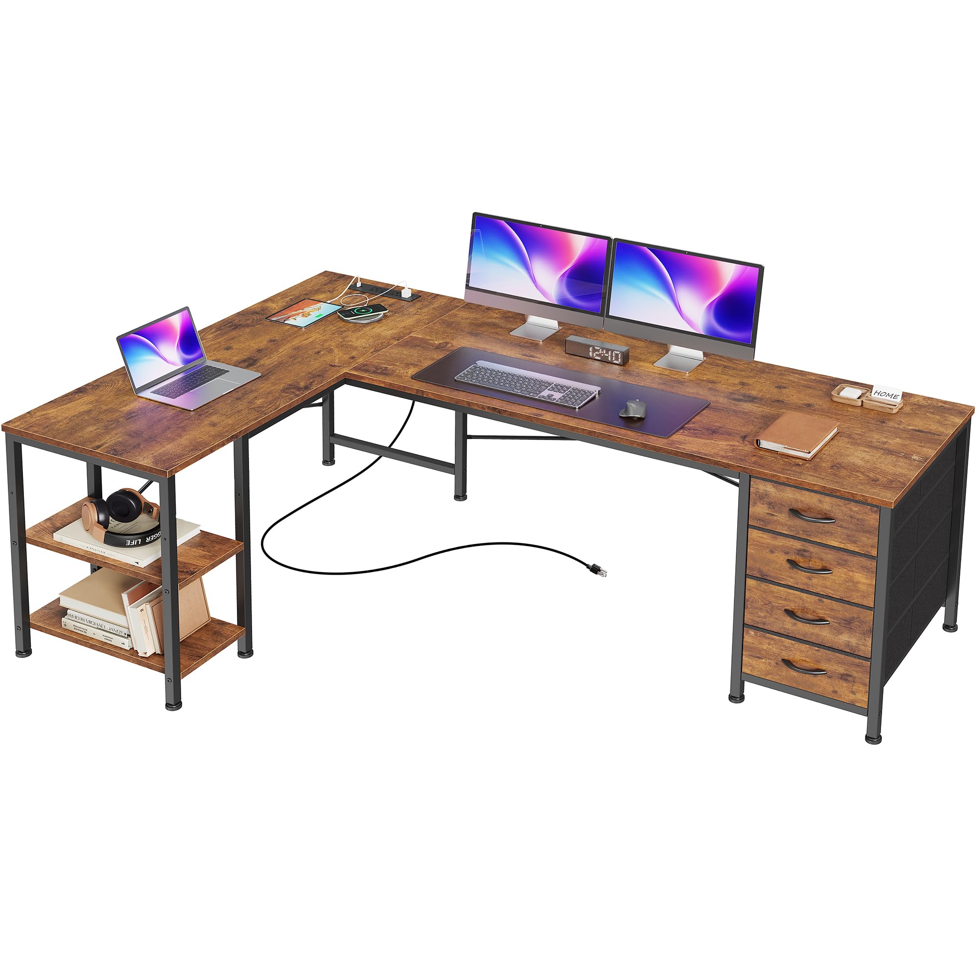 Huuger L Shaped Desk with Drawers, Reversible Computer Desk with Power Outlets and USB-C Port, Adjustable Side Storage Shelves