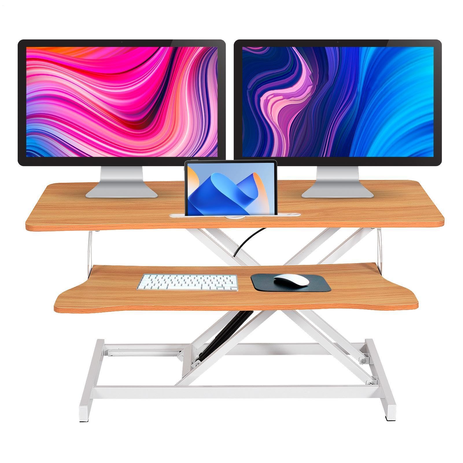 37" Desk Converter, Height Adjustable Stand Up Desk Converter, 2 Monitor Standing, Sit to Stand, Quick Sit to Tabletop, Riser Workstation with Wide Keyboard Tray