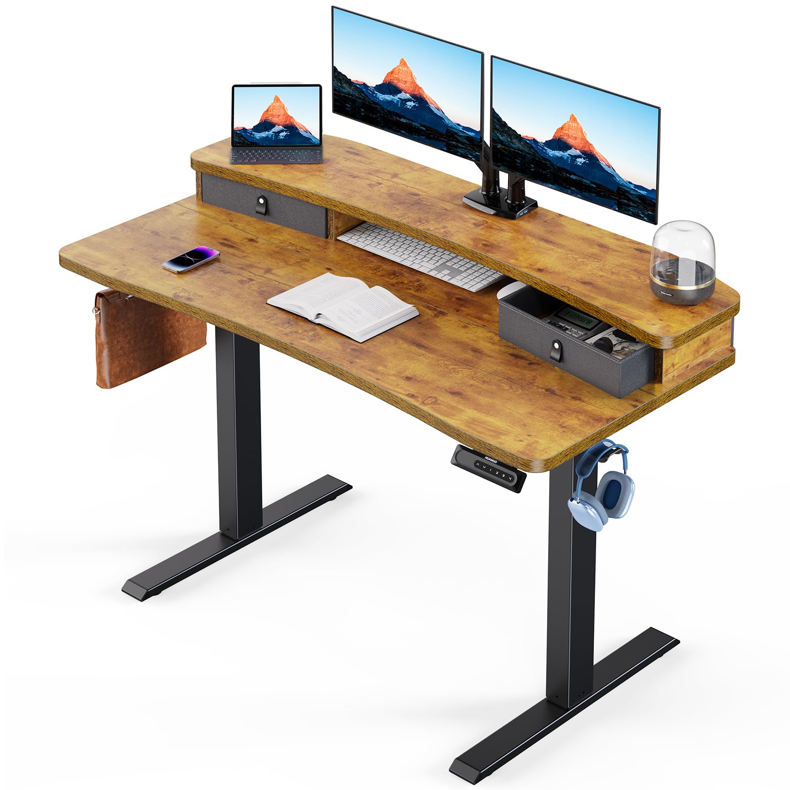 HUANUO Electric Standing Desk with 2 Drawers, C-Clamp Mount Compatible, Height Adjustable Computer Desk, Home Office Stand Up Desk with 4 Preset Heights & 2 Hooks