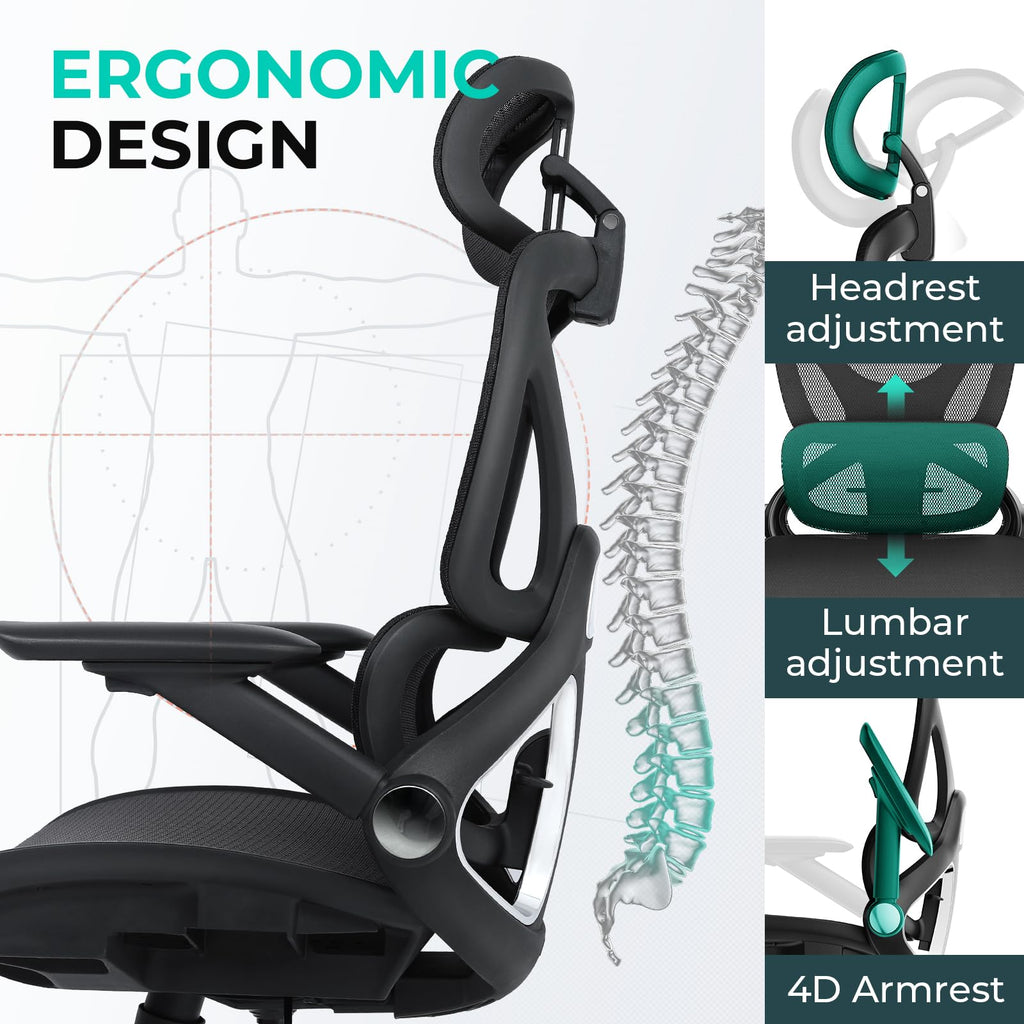 CAPOT Ergonomic Mesh Office Chair, Adjustable Lumbar High Back Desk Chair 400lbs, 4D Flip-up Arms, 3 Tilt Backrest, 3D Headrest, PU Wheels, Swivel Rolling Computer Seating for Long Desk Work