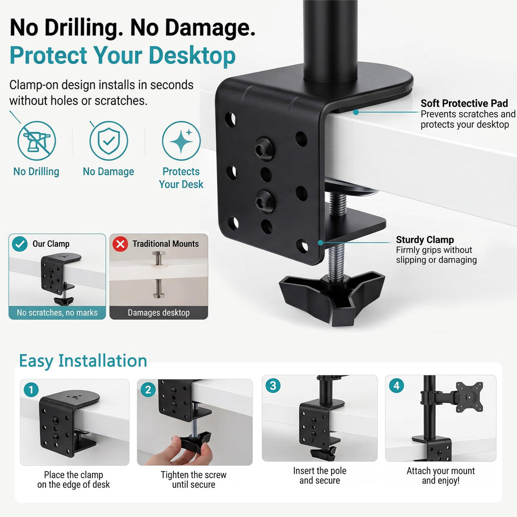Yalikop 2 Pack Heavy Duty Desk Clamp for Monitor Mount Universal Desk Grommet Mount Adapter Black Steel Replacement C Clamp Fits 0.4-4 Inch Thick, Compatible with Monitor Arm, Microphone Boom Arm