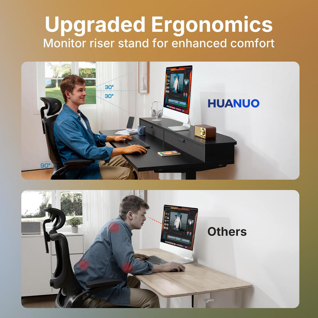 HUANUO Electric Standing Desk with 2 Drawers, C-Clamp Mount Compatible, Height Adjustable Computer Desk, Home Office Stand Up Desk with 4 Preset Heights & 2 Hooks
