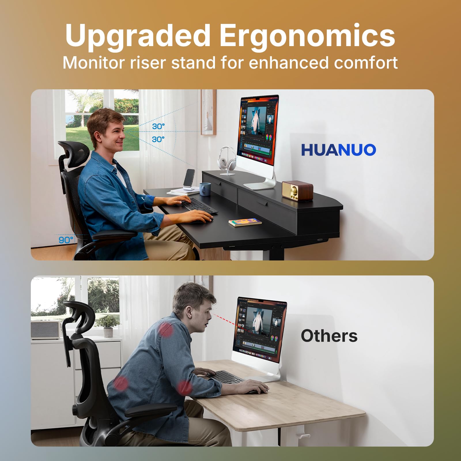 HUANUO Electric Standing Desk with 2 Drawers, C-Clamp Mount Compatible, Height Adjustable Computer Desk, Home Office Stand Up Desk with 4 Preset Heights & 2 Hooks