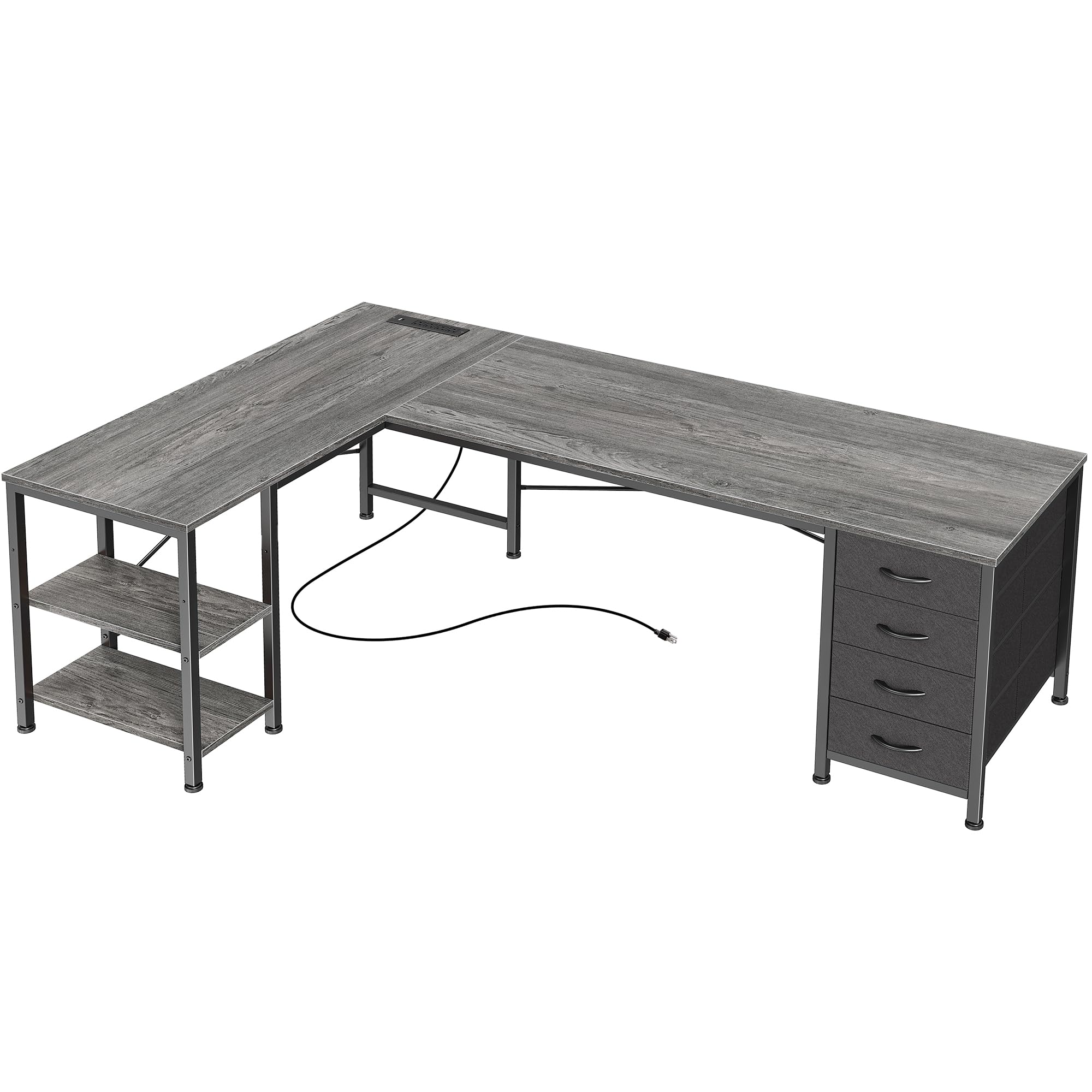 Huuger L Shaped Desk with Drawers, Reversible Computer Desk with Power Outlets and USB-C Port, Adjustable Side Storage Shelves