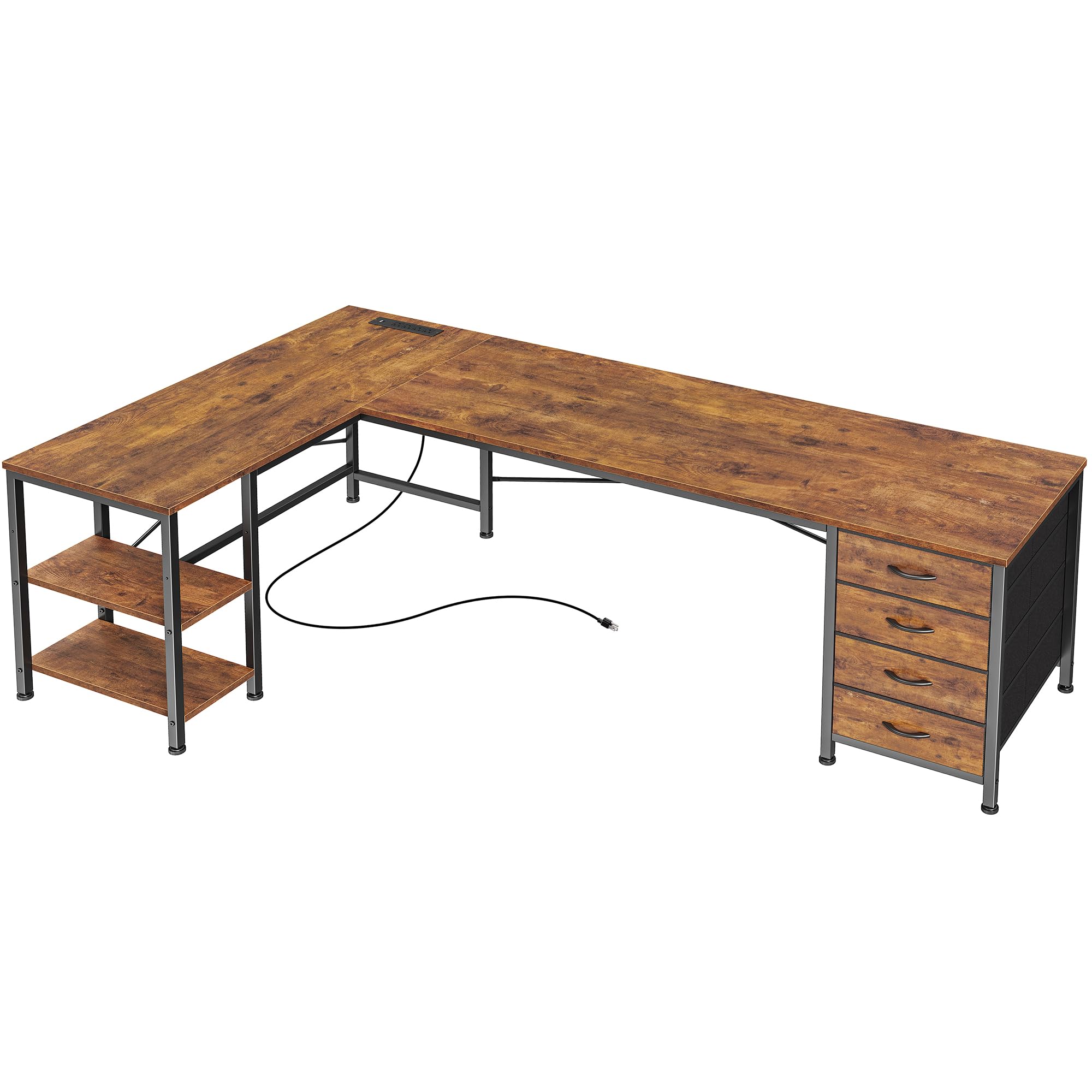 Huuger L Shaped Desk with Drawers, Reversible Computer Desk with Power Outlets and USB-C Port, Adjustable Side Storage Shelves