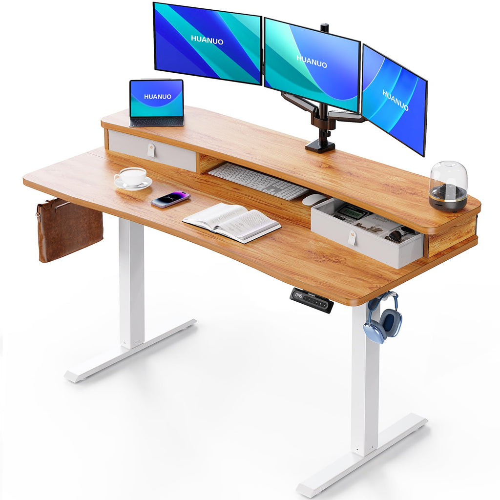 HUANUO Electric Standing Desk with 2 Drawers, C-Clamp Mount Compatible, Height Adjustable Computer Desk, Home Office Stand Up Desk with 4 Preset Heights & 2 Hooks