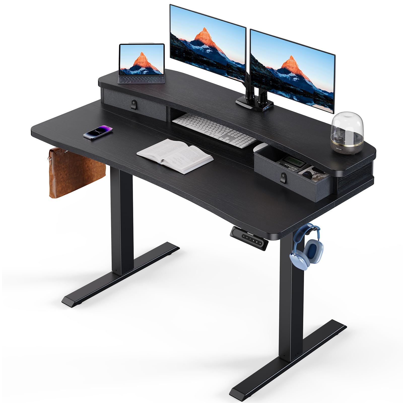 HUANUO Electric Standing Desk with 2 Drawers, C-Clamp Mount Compatible, Height Adjustable Computer Desk, Home Office Stand Up Desk with 4 Preset Heights & 2 Hooks
