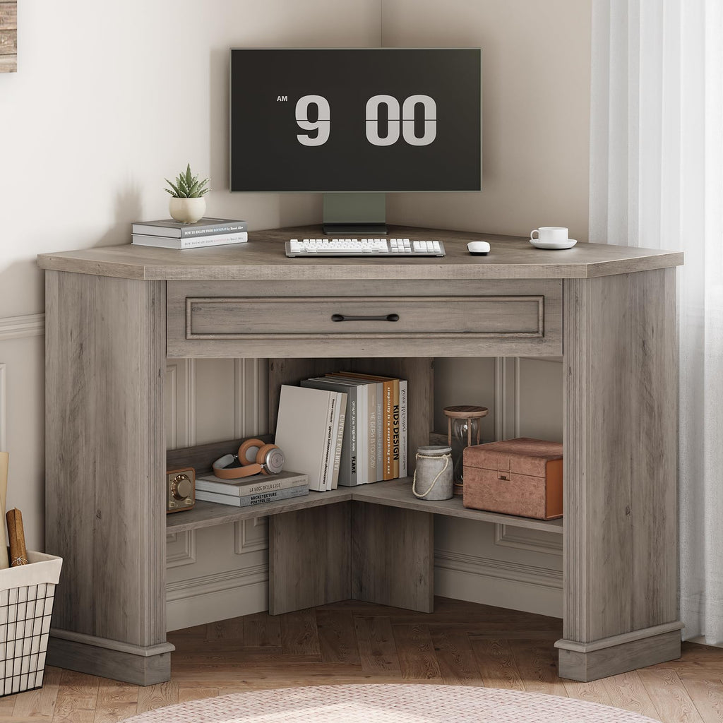 SEDETA Corner Desk for Small Space, Corner Computer Desk, Small Computer Desk with Drawers and Storage Shelves for Home Office, Living Room, Bedroom