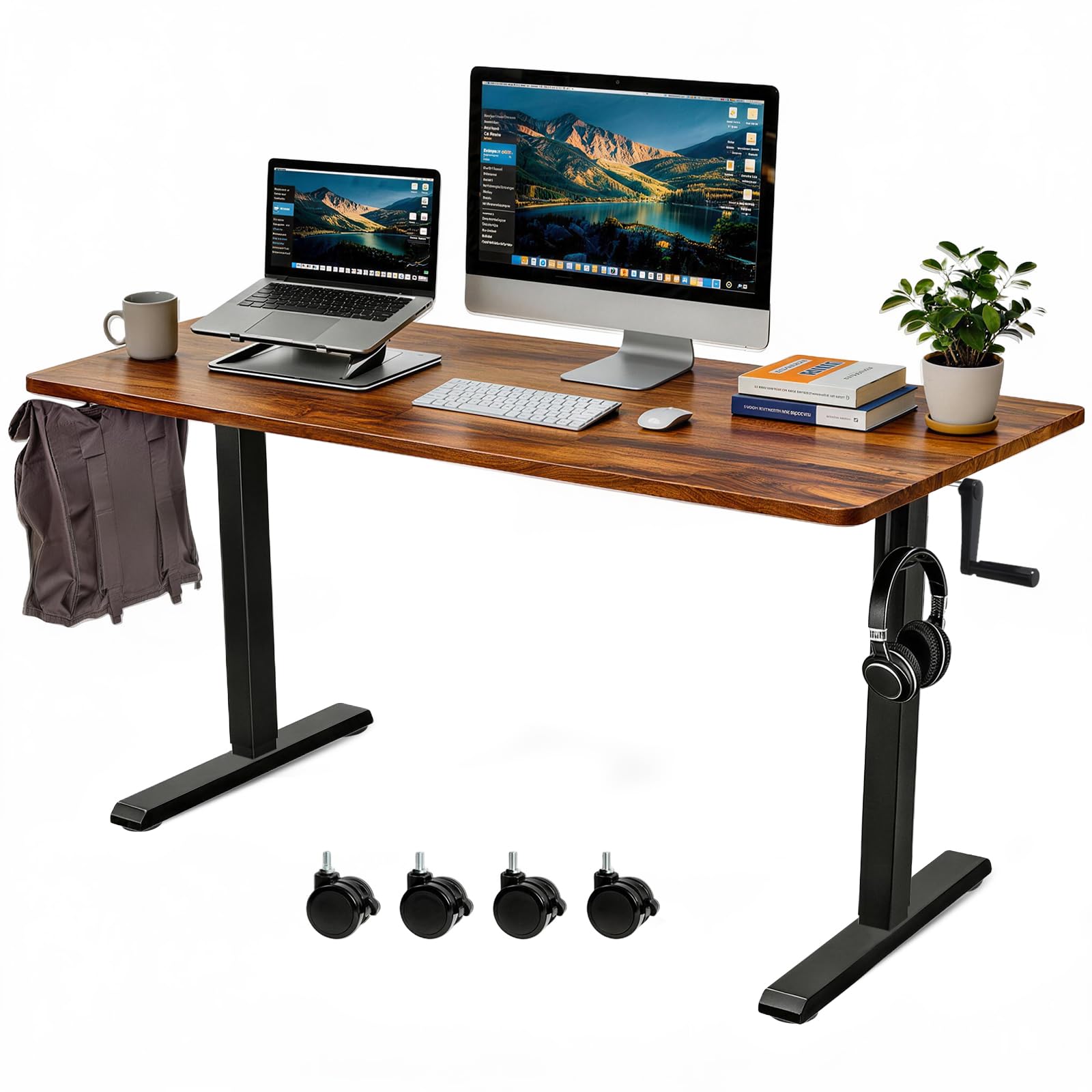 Whole Piece Manual Standing Desk Adjustable Height with Lockable Casters- Hand Crank Stand up Desk with Wheels, Mobile Sit to Stand Workstation with Handle